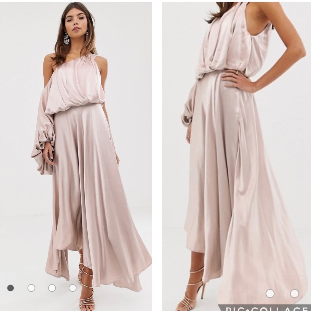 ASOS Edition Pink Blush Satin Blouson Sleeve One Shoulder Dress Gown